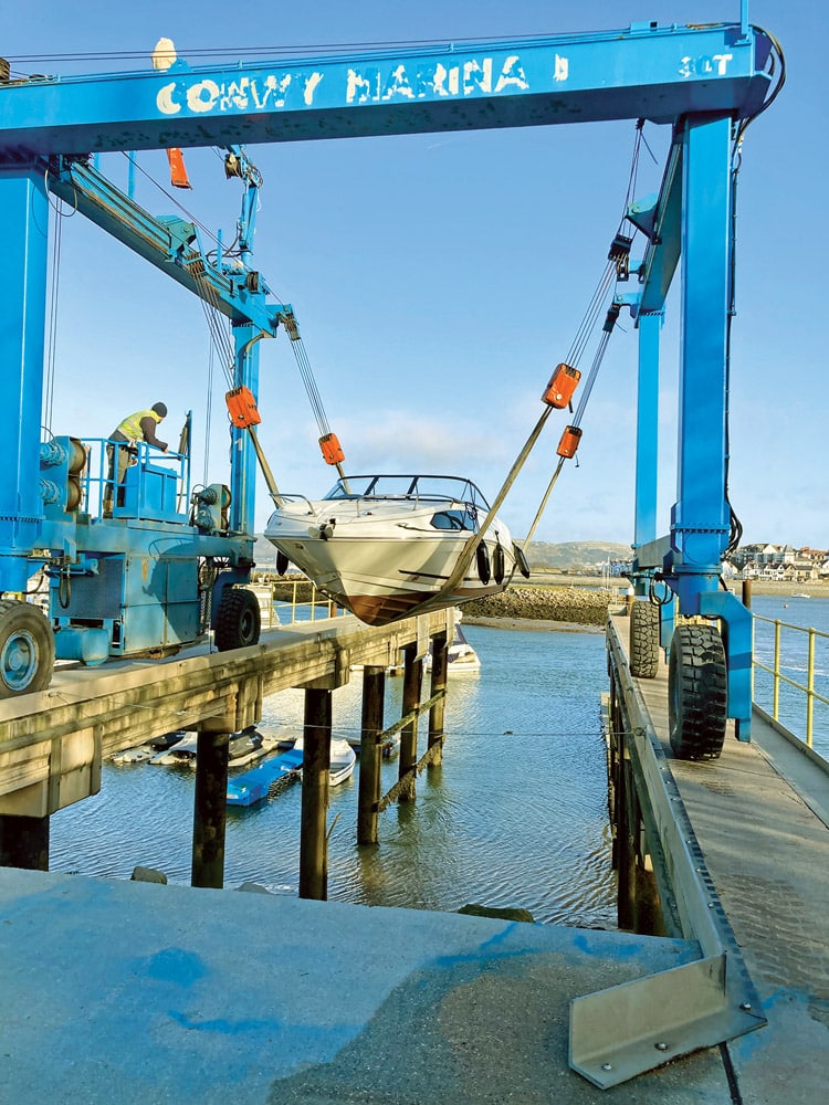 On the lift at Conwy Marina.