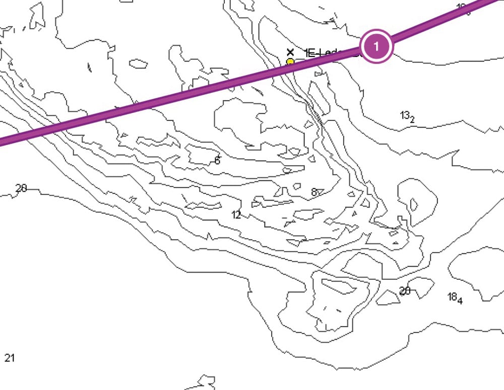 If a route passes from deep to shallow water, conditions can be far rougher due to tide or wind-generated waves in this area. Consider repositioning the route to pass clear of this ridge of shallower water