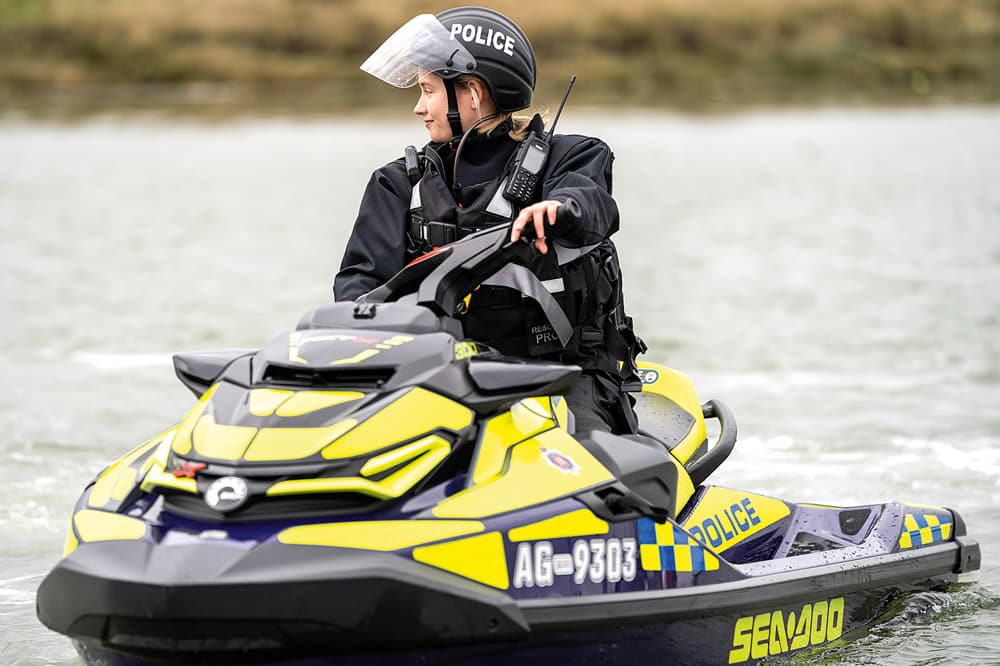 PC Fin Clark Essex Police Marine Unit at Burnham on Crouch. Sea-Doo PWC