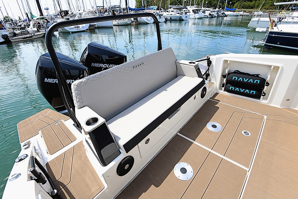 An image showing the large rear bench seat onboard the Navan S30 boat.