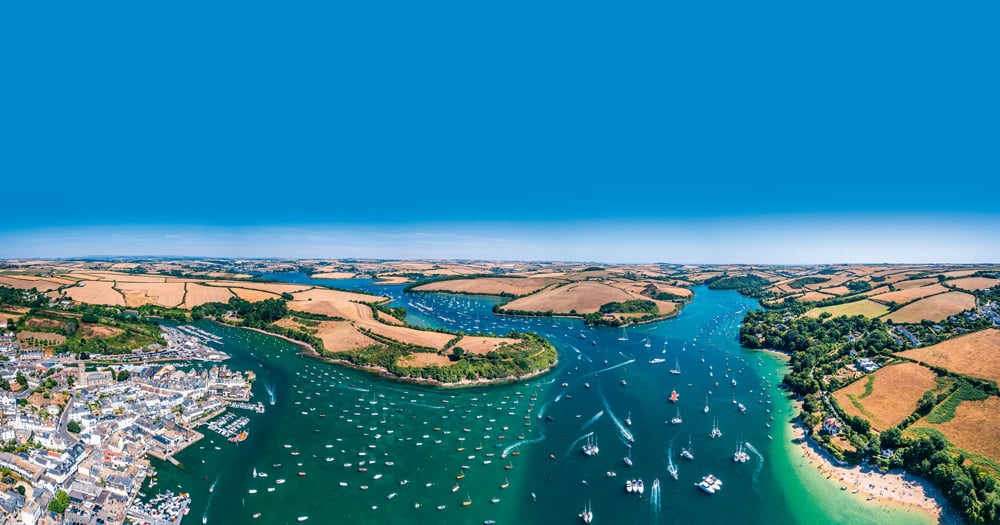 SALCOMBE and Kingsbridge Estuary from a drone, South Hams, Devon, England