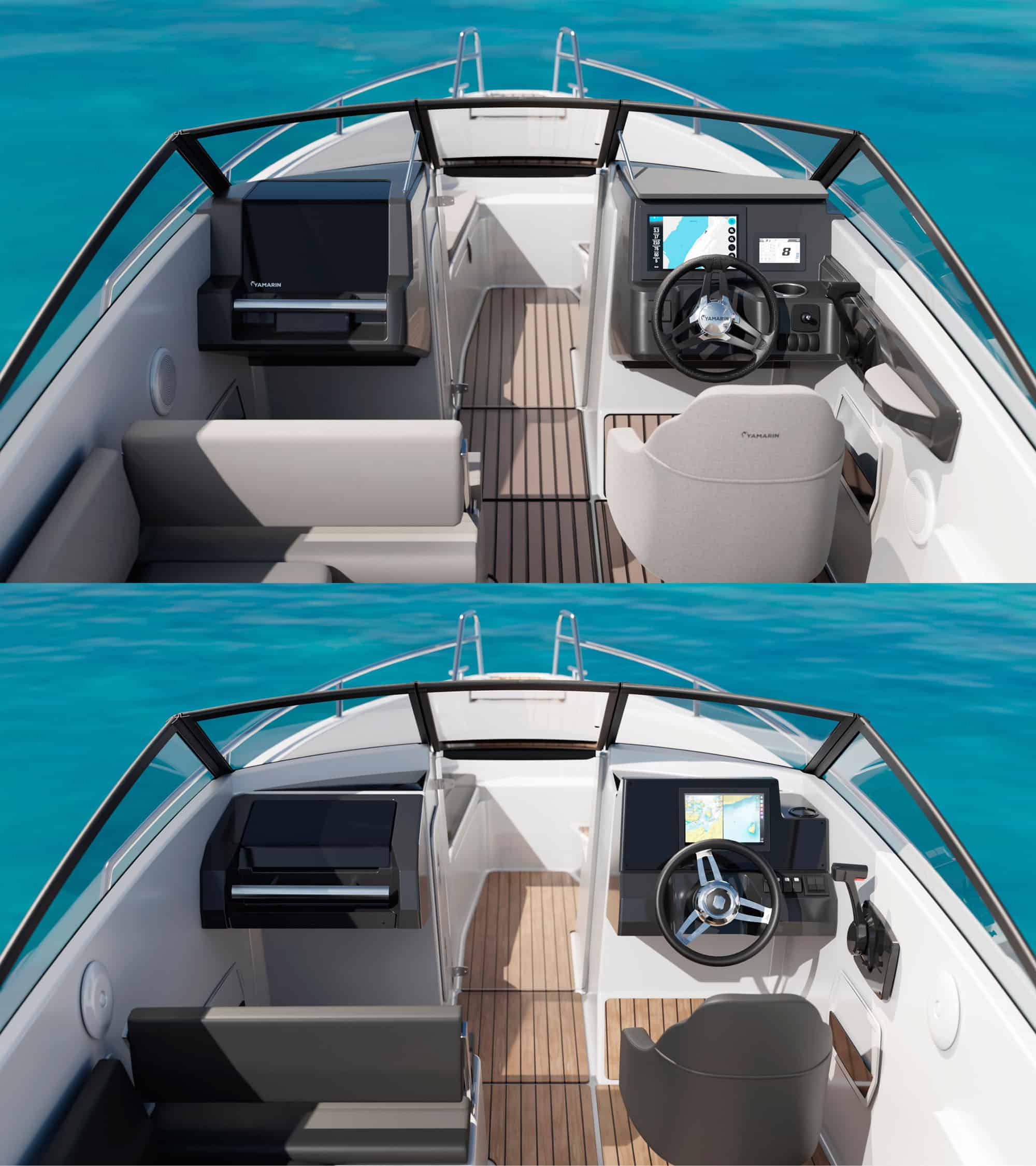 Yamarin 63BR & 63D - The consoles of the Yamarin 63 BR have been updated, and there is now more storage space on the passenger side. The cushions are now lighter in colour. The new 2025 model is shown