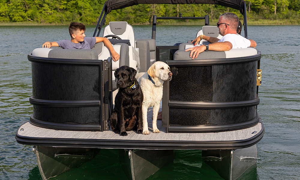 Rear view of Alera Model M pontoon with two dogs, a boy, and a man enjoying a calm lake ride.