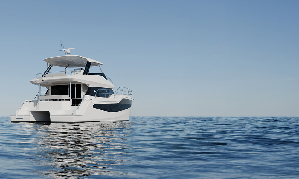 Aquila 46 Yacht power catamaran on calm open water.