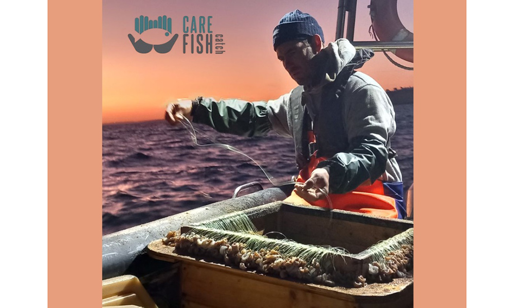 Fisherman prepares longline hooks at dawn, focusing on humane fishing practices.
