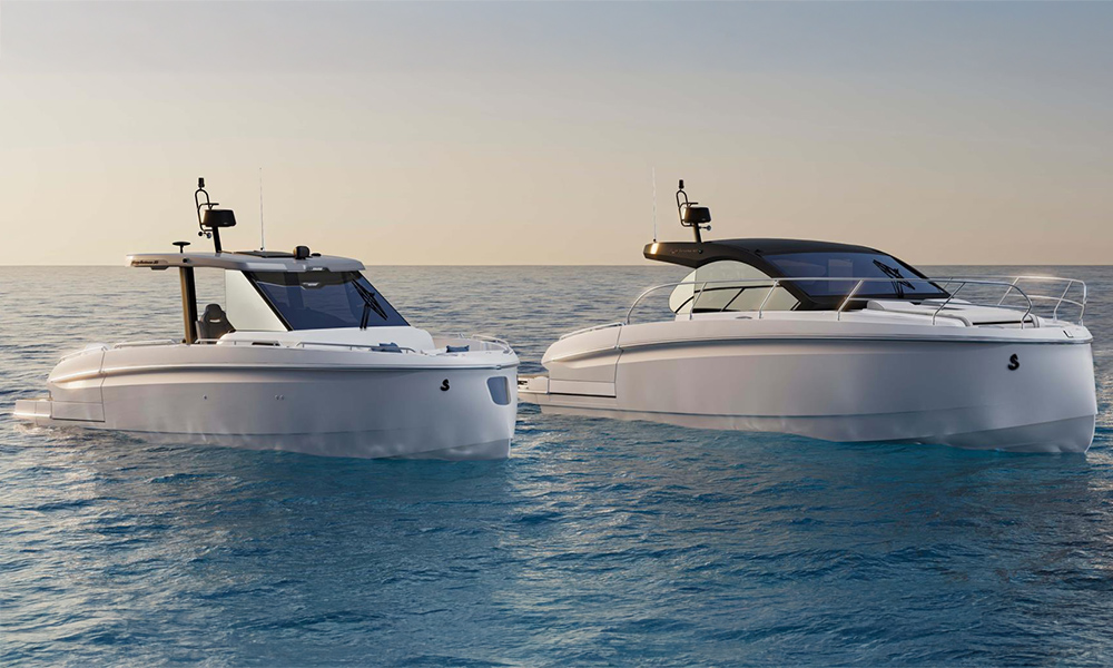 Gran Turismo 35 and 40 Coupe anchored on calm blue water at sunset.