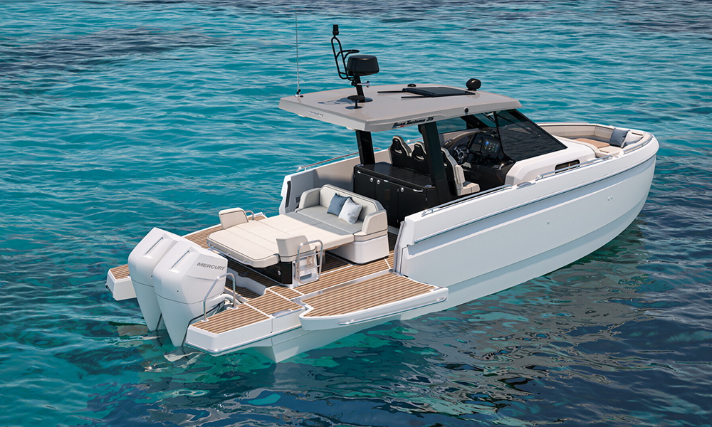 Anchored Gran Turismo 35 with twin Mercury outboards, aft sunbed, fold-out swim platforms and teak decking.
