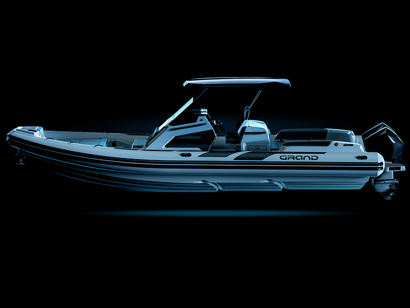Side profile of the Grand Golden Line G950 luxury cabin RIB.