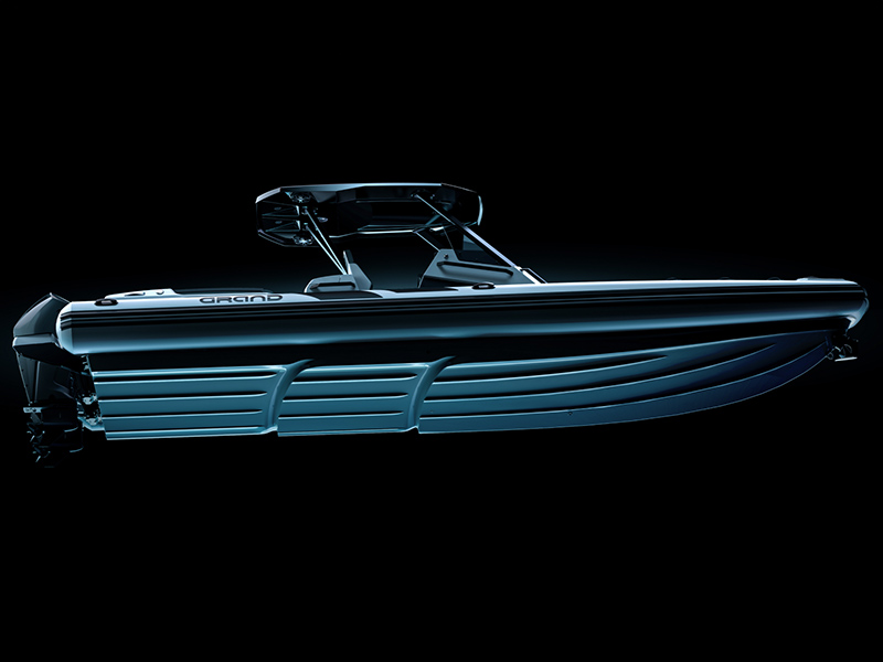 Side profile of the Grand Golden Line G950 luxury cabin RIB.