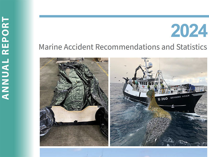 Cover of the MAIB 2024 Annual Report showing damaged marine equipment and a fishing vessel recovering netting at sea.