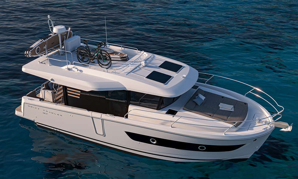 Beneteau Swift Trawler 37 Sedan cruising in calm blue water.