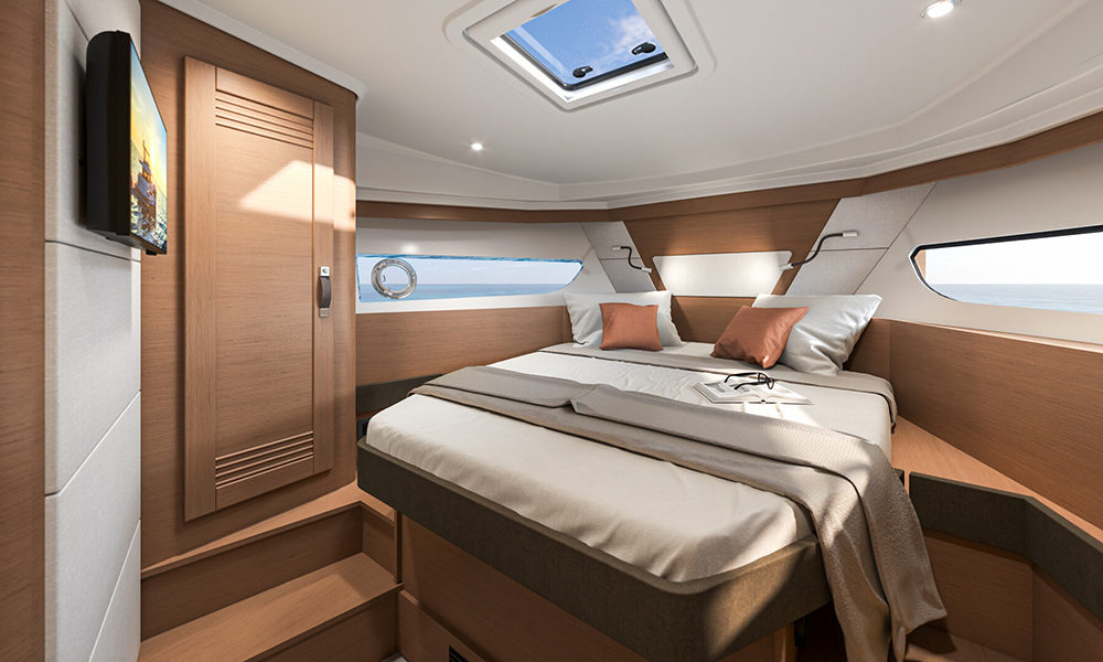 Cabin onboard Beneteau Swift Trawler 37 Sedan.