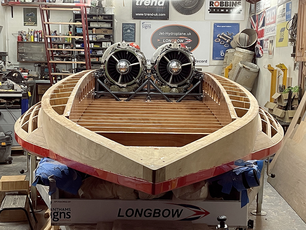 Longbow's construction underway - view in workshop from bow towards stern
