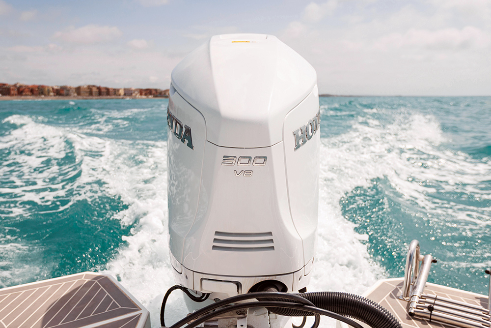 Looking astern at the white Honda BF300 outboard
