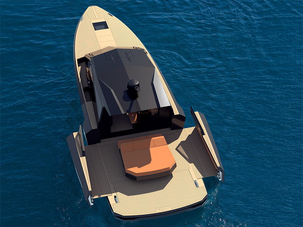 Evo R4 Icone yacht viewed from above showing teak deck, folding terraces, and sunbed lounge area on open water.