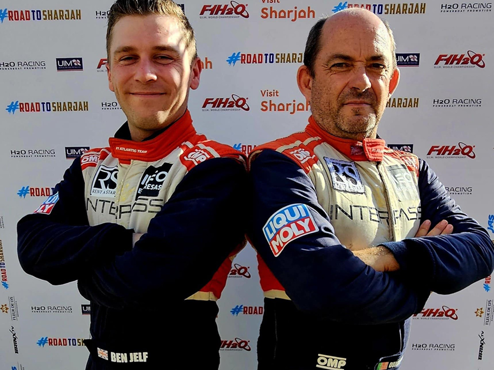 Two F1 Atlantic Team drivers, Ben Jelf and Duarte Benavente, stand side by side in race suits ahead of the 2025 F1H2O season.