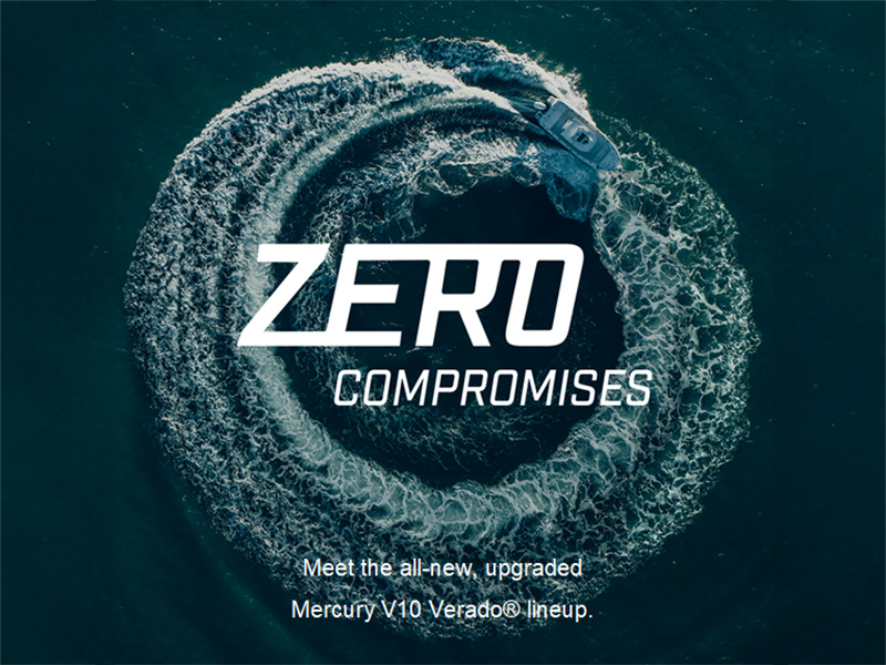 High-speed boat creating a water circle, showcasing Mercury V10 Verado power.