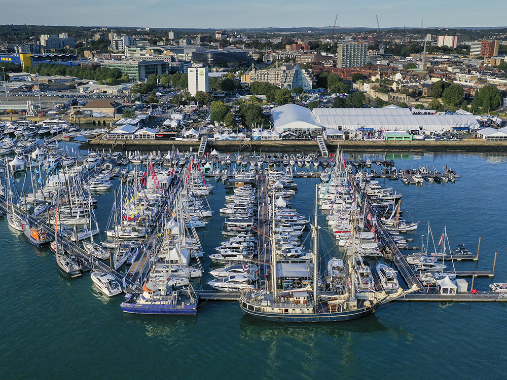 Many Boats lined up in Southampton’s purpose-built marina during the International Boat Show.