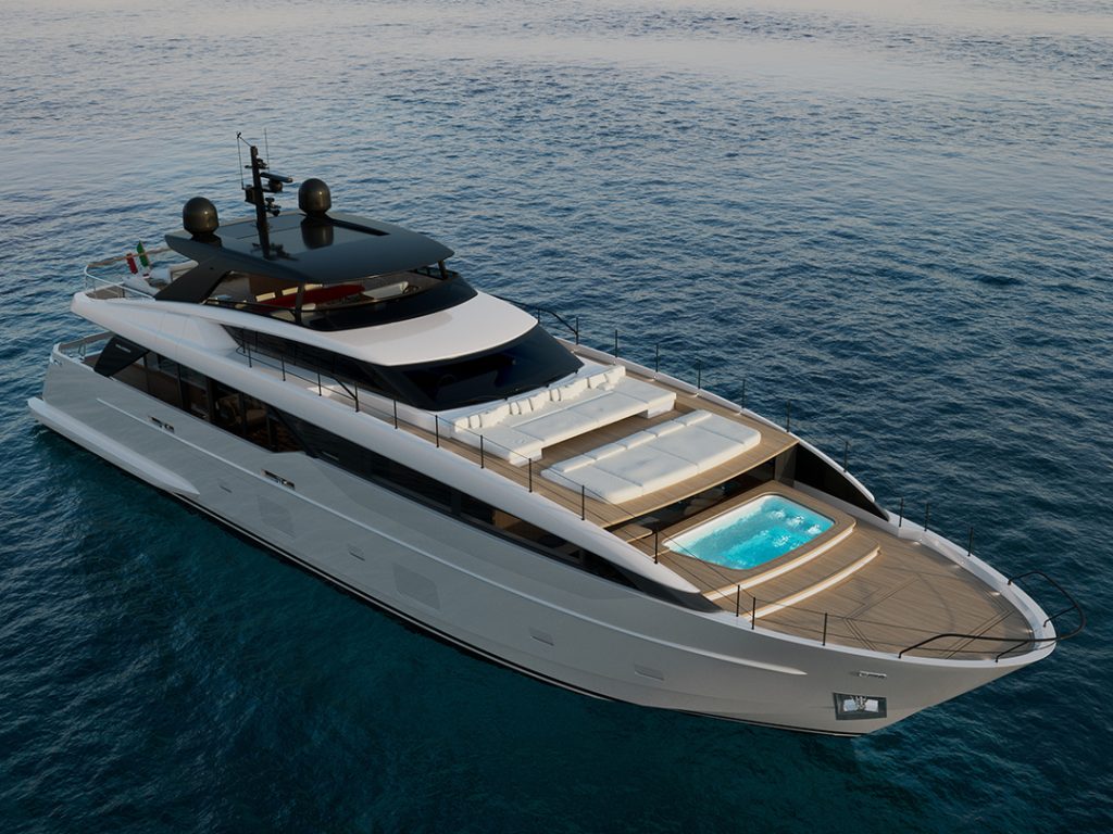 Sanlorenzo SL110A viewed from above, featuring a spacious foredeck lounge with sunbeds and a recessed pool.