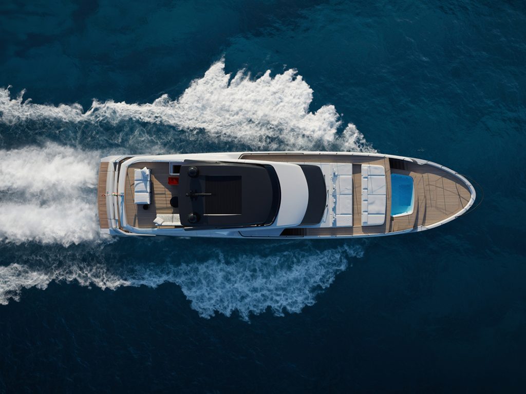 Top-down view of Sanlorenzo SL110A cruising at speed.