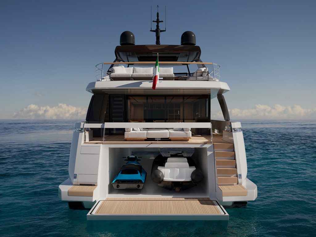 Stern view of Sanlorenzo SL110A featuring open garage with jet ski and tender.