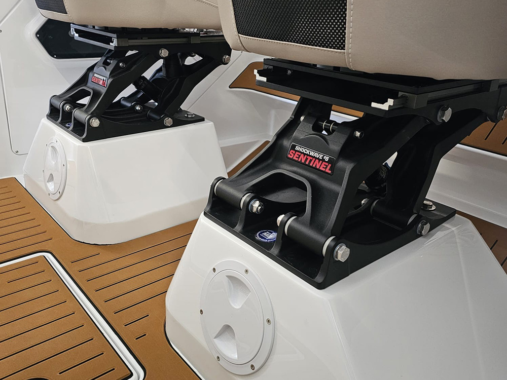 Shockwave S5 Sentinel suspension seat mounts installed on Sterk Yachts deck.