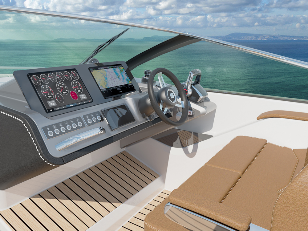 Four Winns TH33 helm station with dual digital displays, leather-stitched dash and joystick controls.