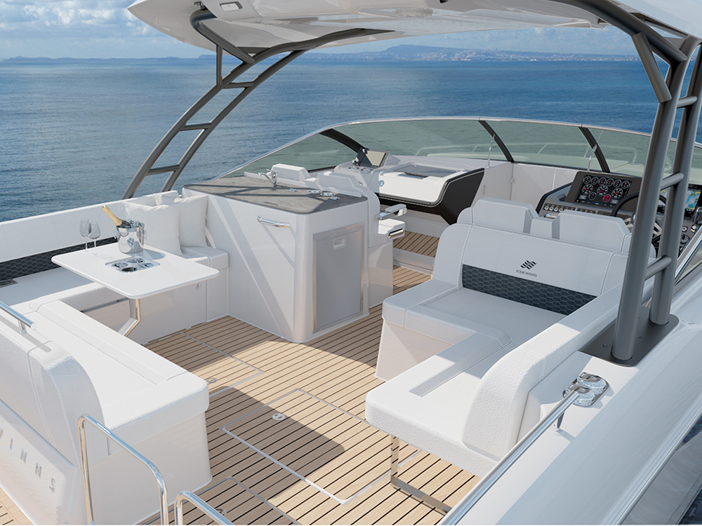 Spacious helm and cockpit of the Four Winns TH33.