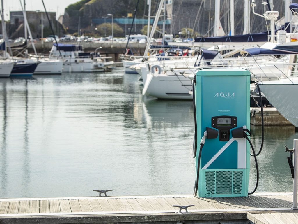 Aqua superPower charging station installed on a marina dock.
