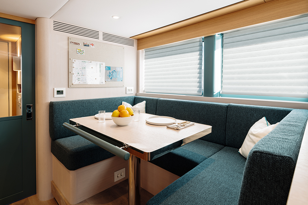 Dinette onboard vessel in sea green upholstery