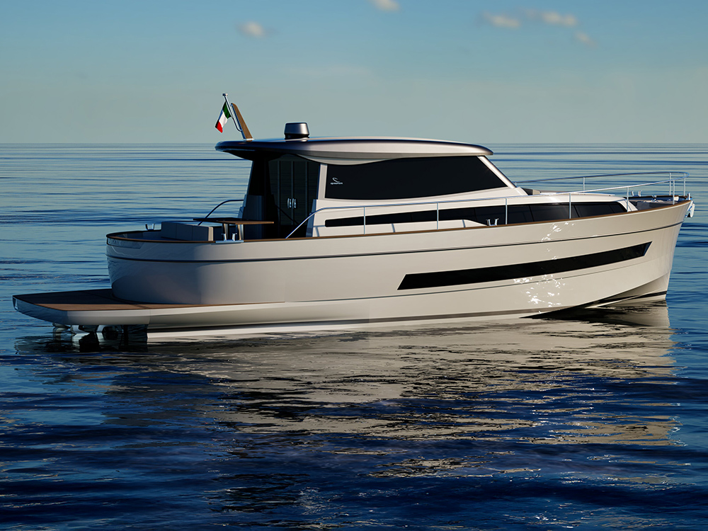Apreamare Gozzo 48 Cabin at rest on calm water.