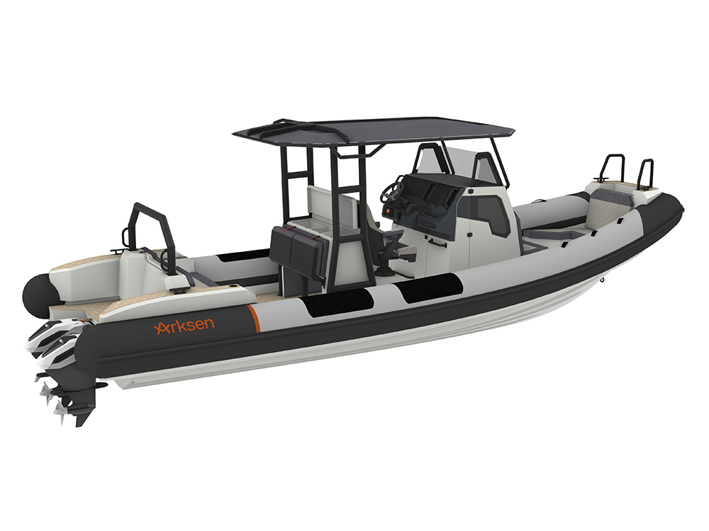 Arksen RIB concept with twin outboards, T-top helm, and seating.