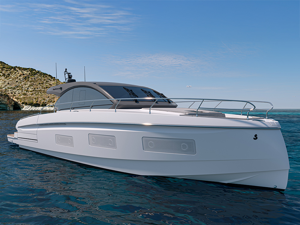 BENETEAU Gran Turismo 50 flagship motor yacht on calm blue water near rocky coastline.