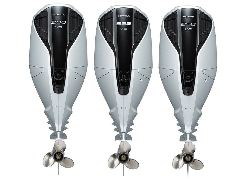Honda Marine V6 outboards displayed side by side.