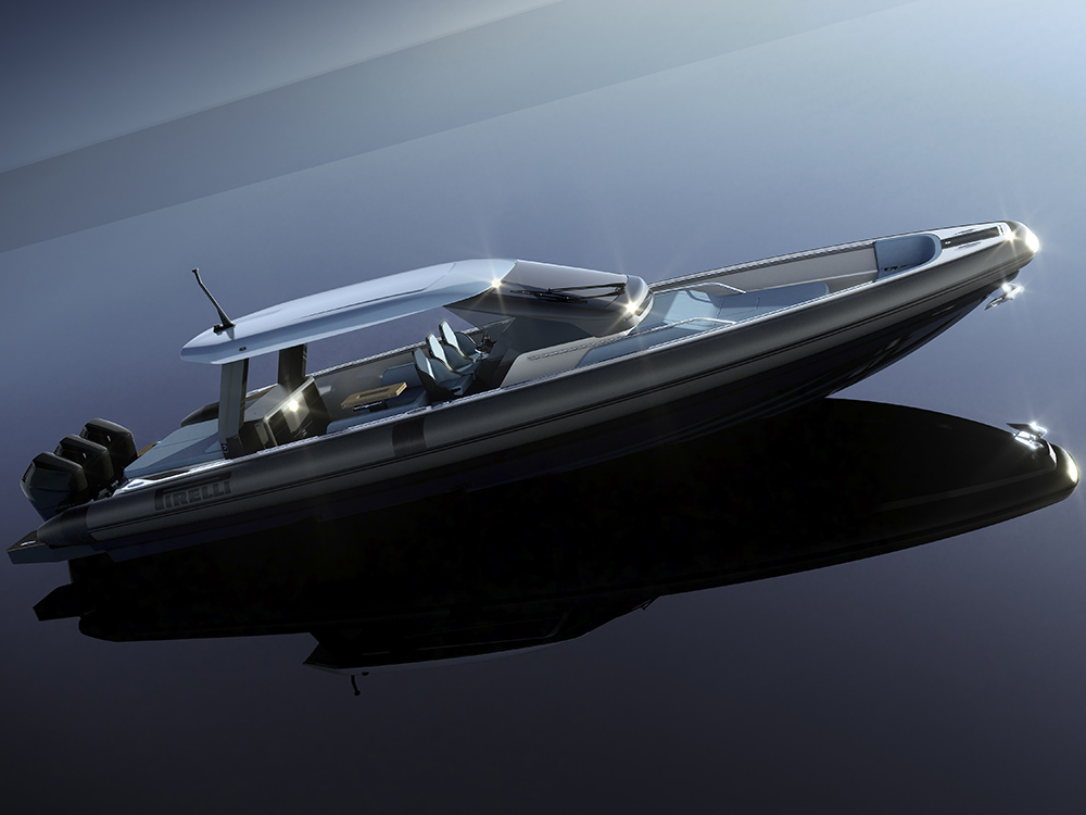 PIRELLI 47 maxi-rib with hard top and triple outboard engines.