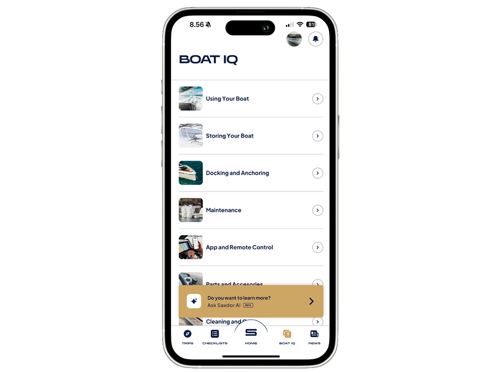 Smartphone displaying Saxdor AI Boat IQ app.