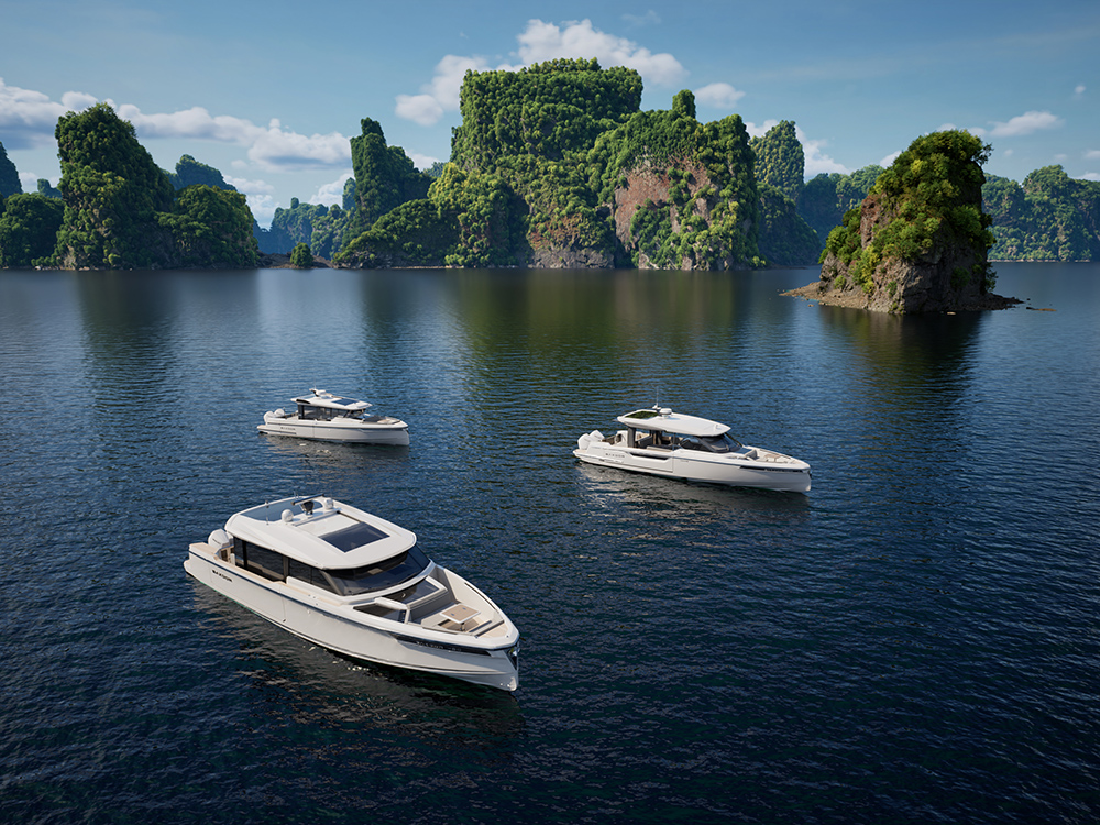 Three Saxdor motor yachts cruise on calm blue water.