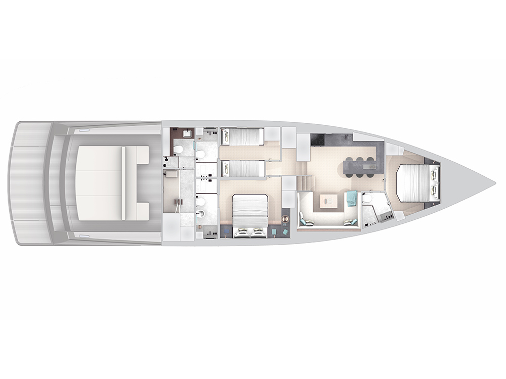 VanDutch 75 general arrangement plan showing three cabins, open dinette with galley, crew quarters and aft tender garage layout.