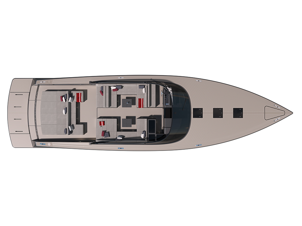 VanDutch 75 top deck layout with open cockpit, twin sofas, dining tables, sunbed area, helm station and walkaround deck design.