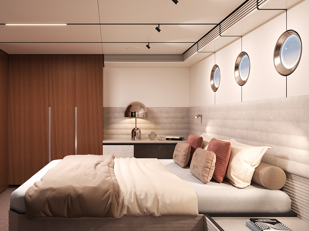 VanDutch 75 master cabin with double bed, wood wardrobes, porthole windows and modern lighting.
