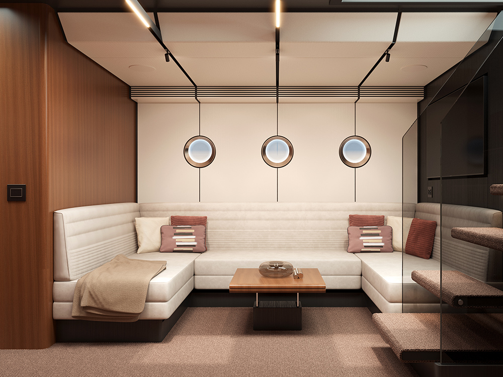 VanDutch 75 interior lounge with wraparound white seating, wood table, porthole windows and modern lighting beside staircase.