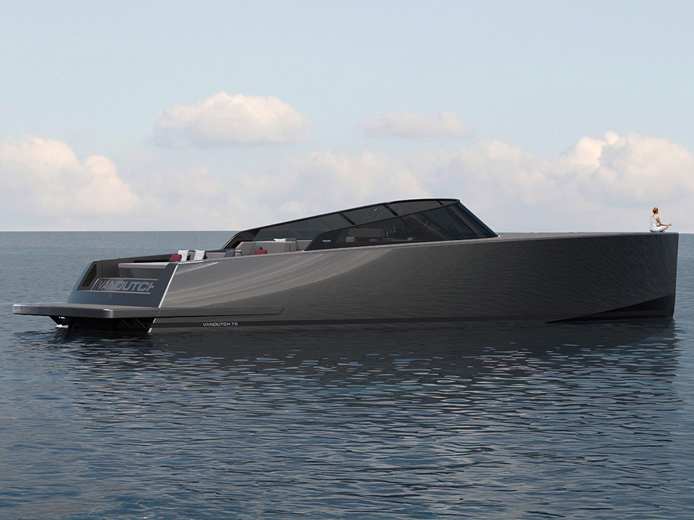 VanDutch 75 luxury open yacht in sleek grey profile.