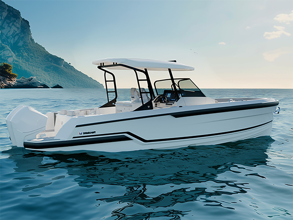 Wellcraft 28 T-Top with twin outboards cruising on clear coastal waters.