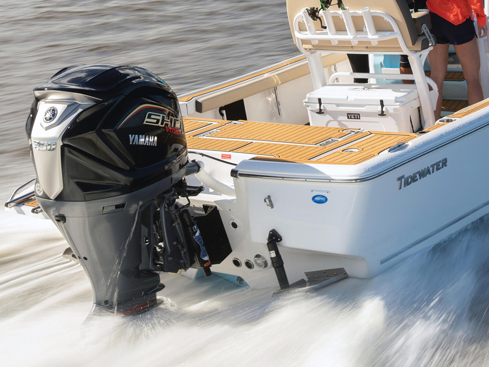 Yamaha V MAX SHO 250 outboard powering a Tidewater fishing boat at speed.