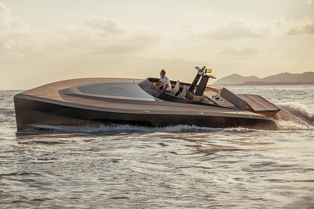 Say 42 powerboat underway in golden sunset sea