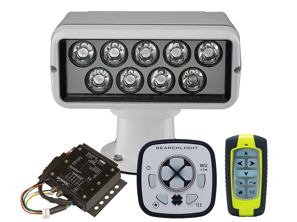 ACR RCL LED searchlight with control accessories including Point Pad, handheld wireless remote and master controller.
