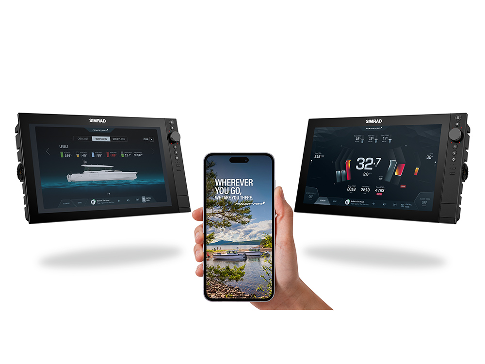 Axopar Connect app displayed on a smartphone alongside two Simrad screens showing boat system data and performance interface.