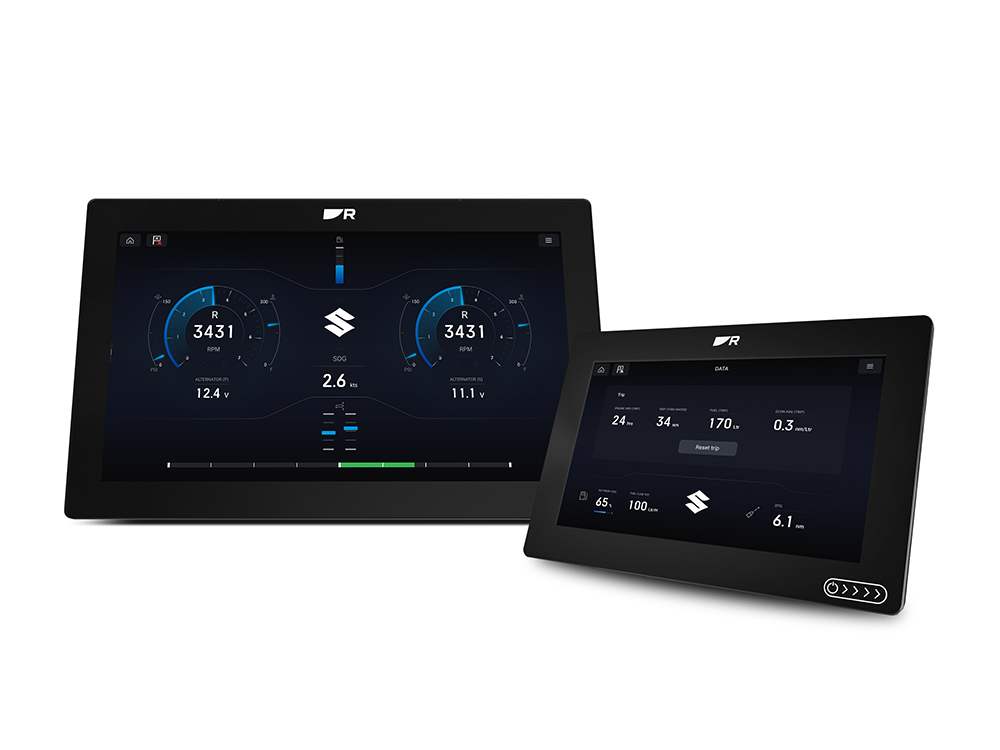 Raymarine Axiom displays showing integrated Suzuki engine data.