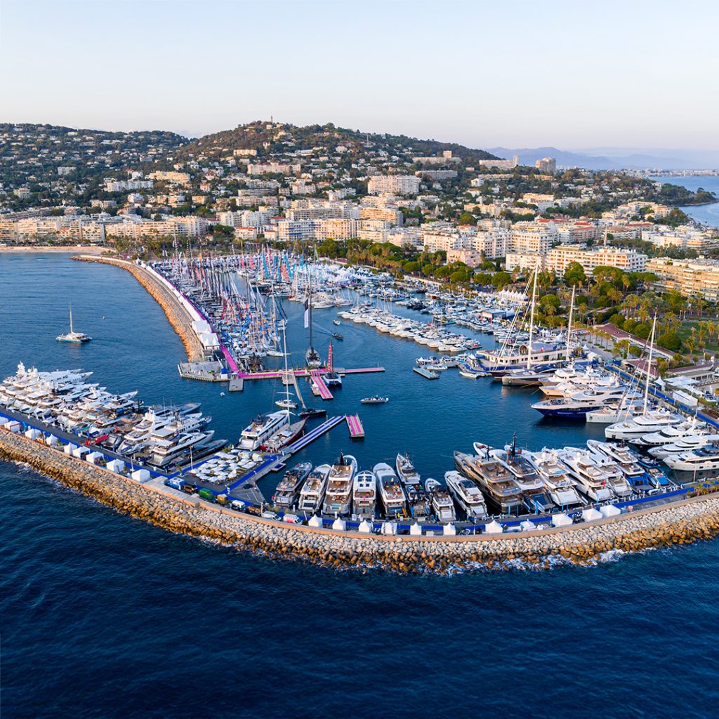 Aerial view of Port Canto during the Cannes Yachting Festival 2025.