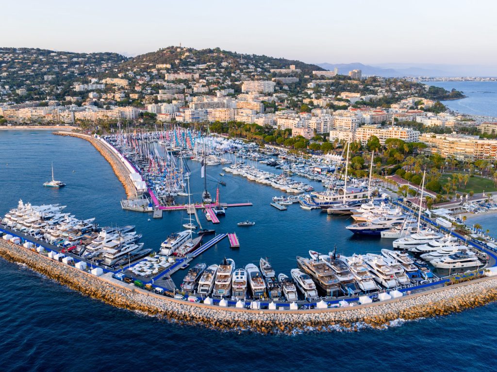 Aerial view of Port Canto during the Cannes Yachting Festival 2025.